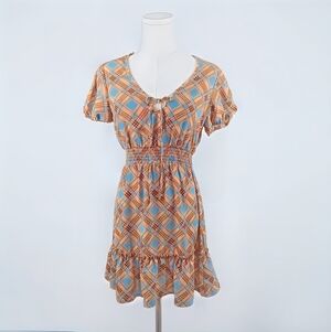 NWOT BeBop Blue & Tan Plaid Smocked-Waist Mini Dress S